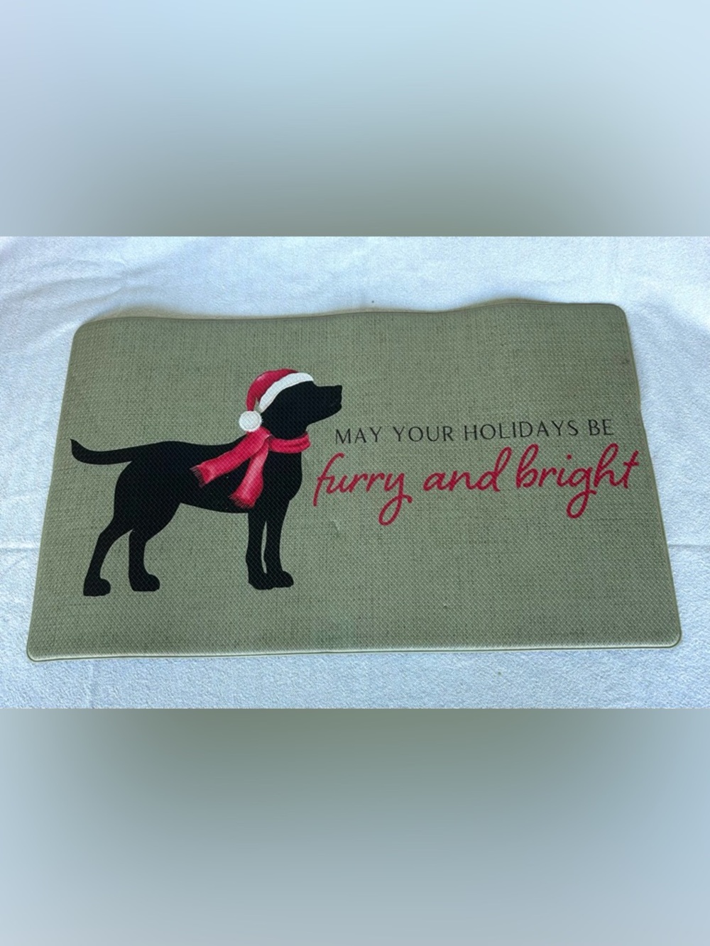Holiday Black Dog mat with Red Santa Hat and Scarf